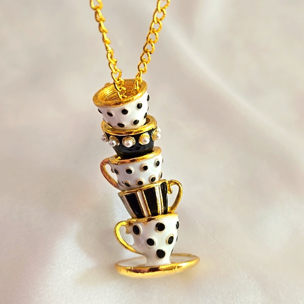 🐰 New 24" Alice in Wonderland Stacking Teacups Necklace - B&W 🐇